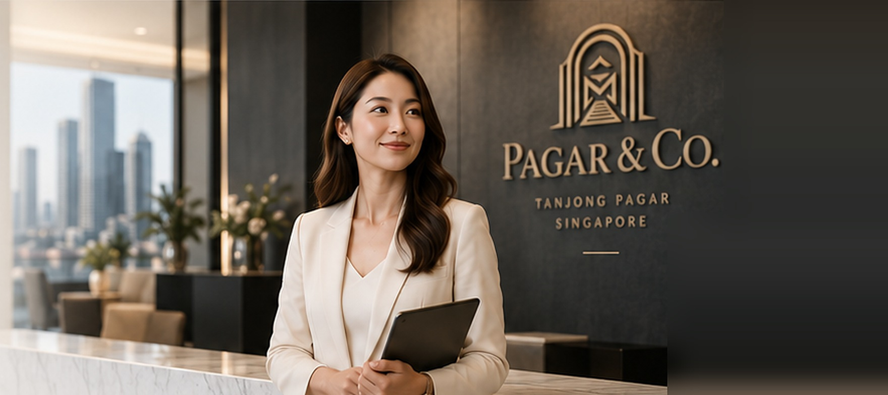 A Pagar & Co. concierge at the Tanjong Pagar reception, with the city skyline beyond.